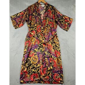 Vintage California Dynasty Floral Satin Robe Womens Med Gold Purple Maximalist
